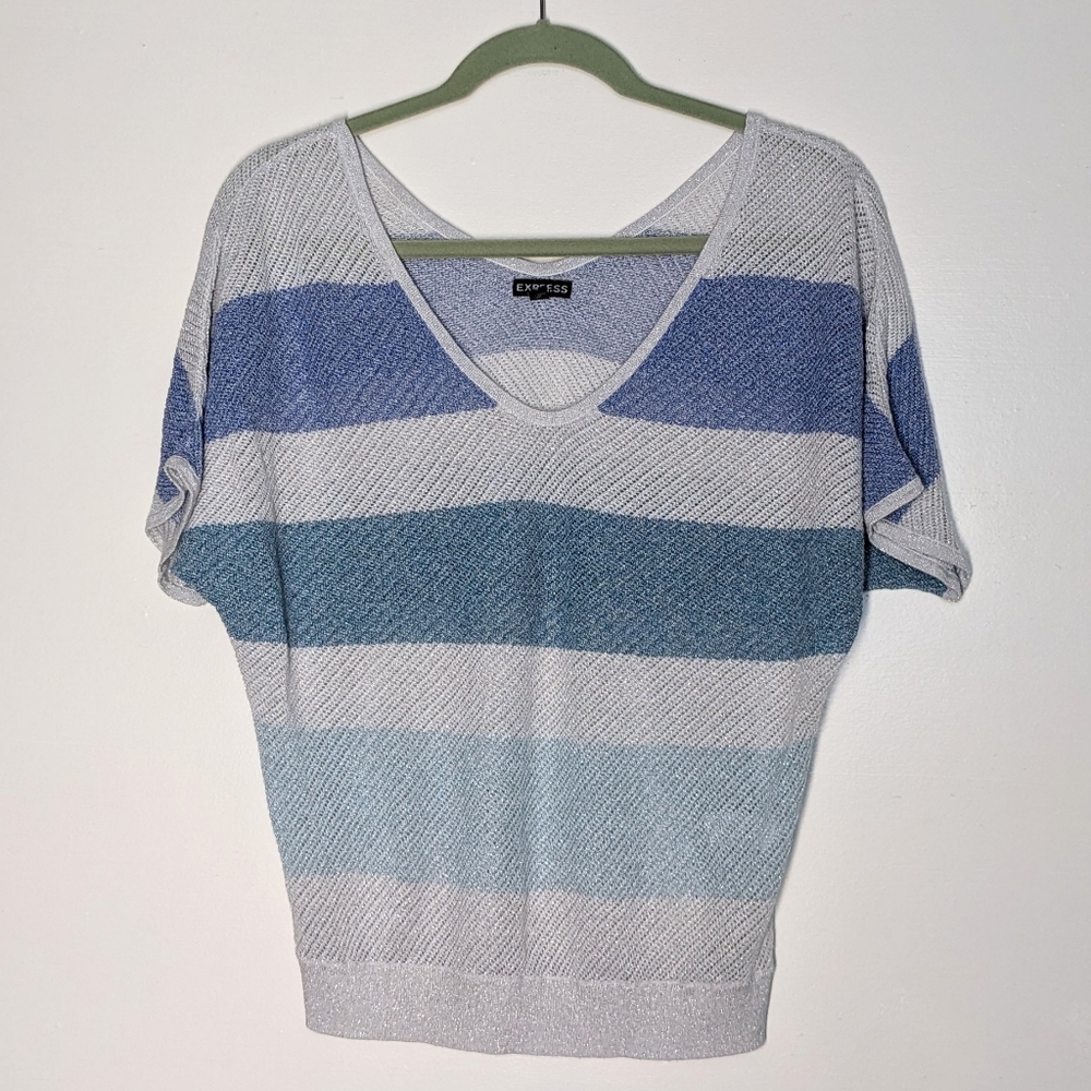 Express Blue Short Sleeve Striped Sweater Shirt Size M